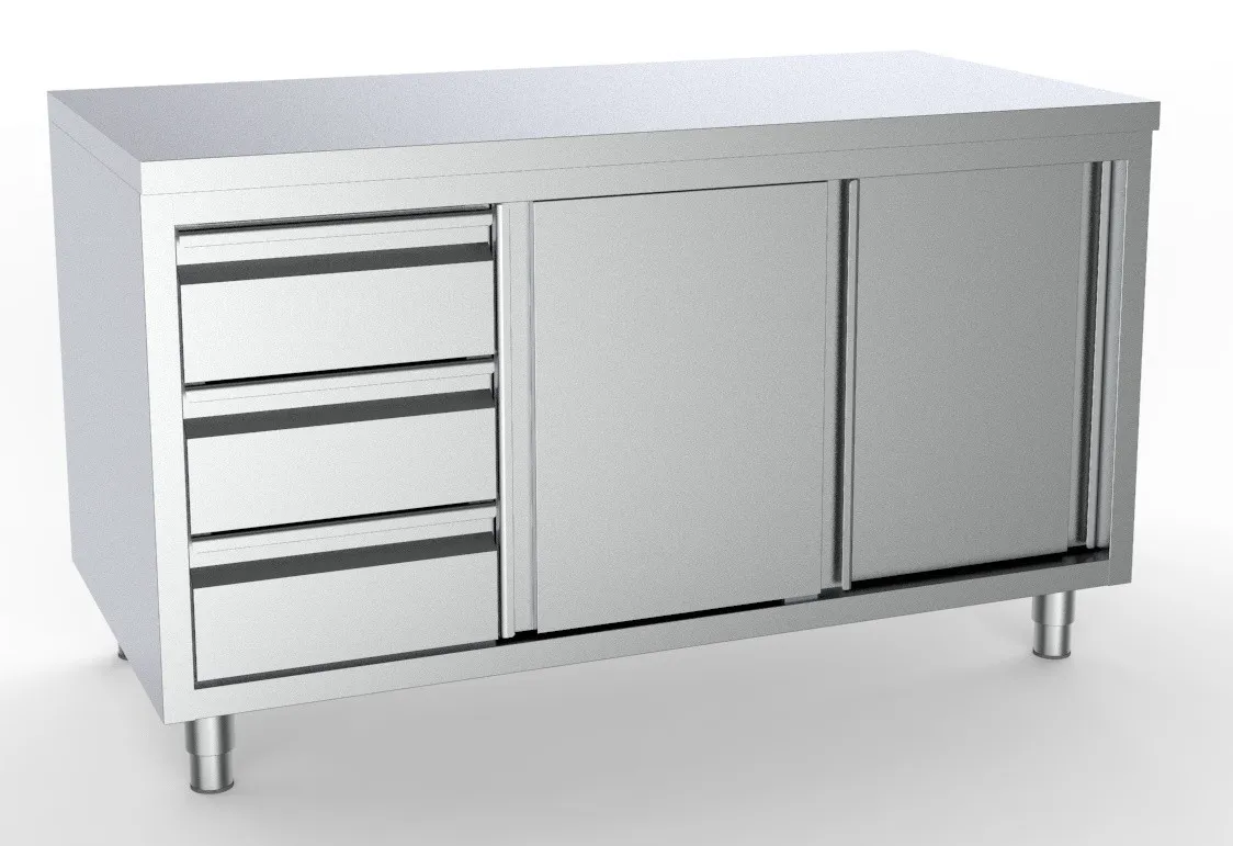 Meuble Inox Bas - 2 Portes et 3 Tiroirs à Gauche - L 1600 x P 700 mm