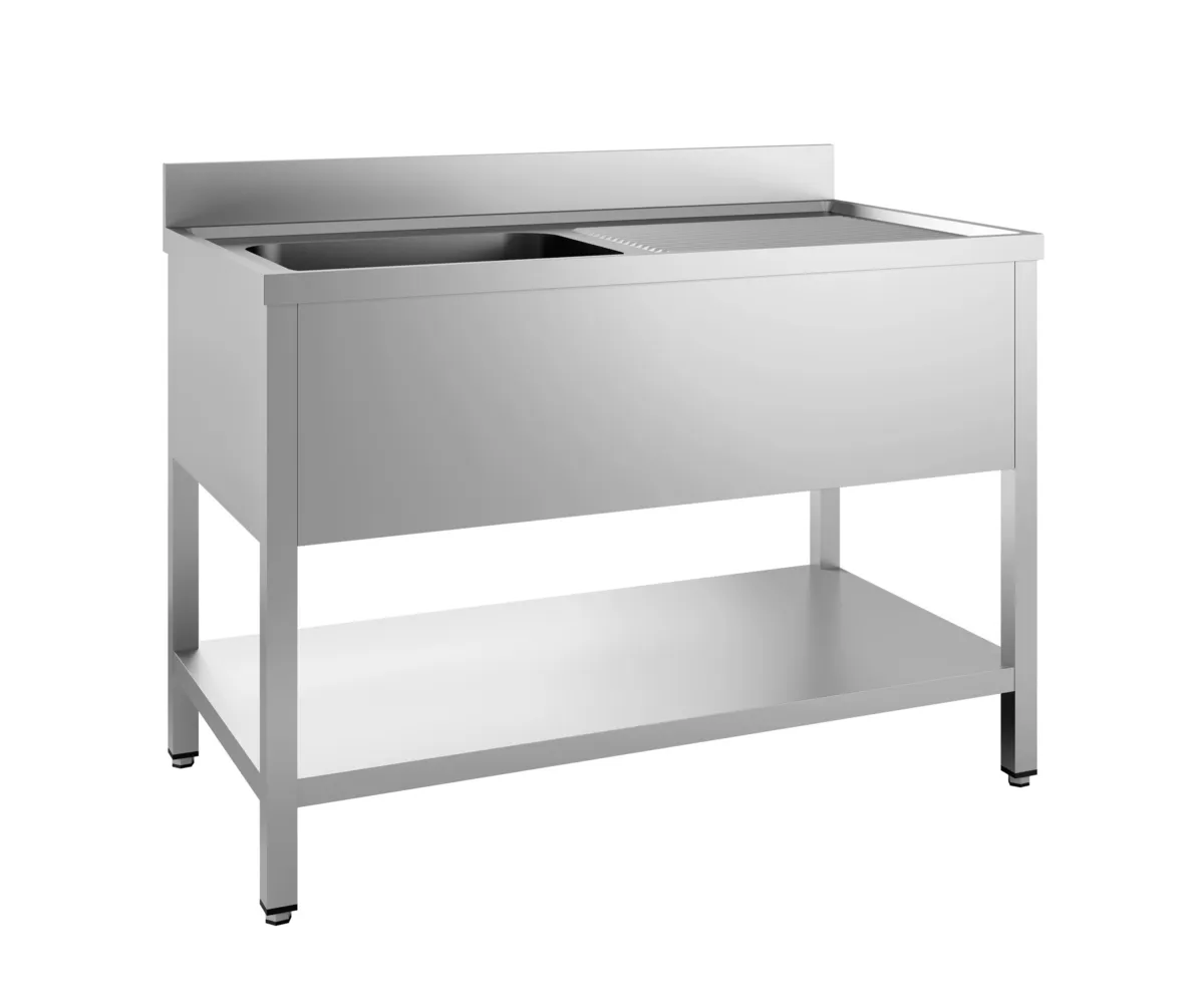 Plonge 1 Bac et Egouttoir à Droite avec Dosseret et Etagère Démontable - L 1200 x P 600 mm