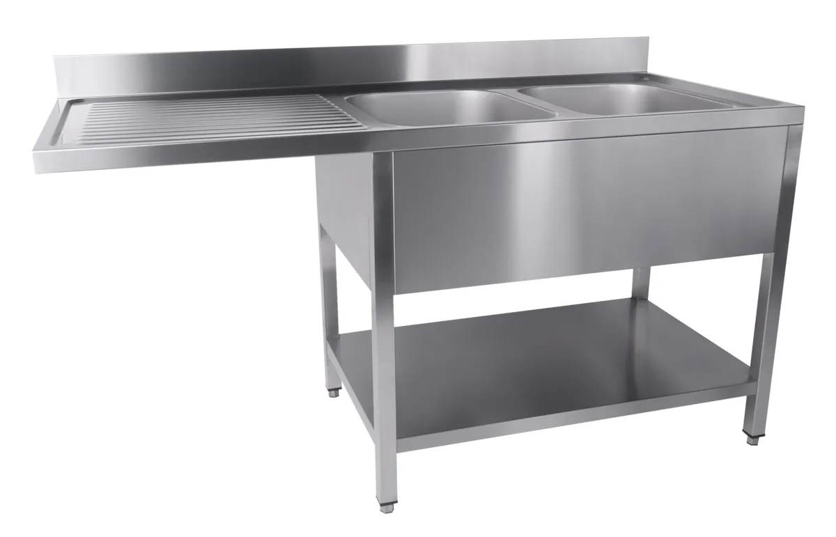 Plonge 2 Bacs et Passage pour Lave-Vaisselle à Gauche avec Dosseret et Etagère Démontable - L 1600 x P 700 mm