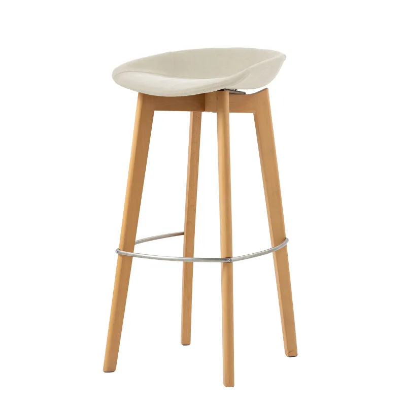 Tabouret de Bar Tissu Sans Dossier - Piètement Bois Keeve - Beige