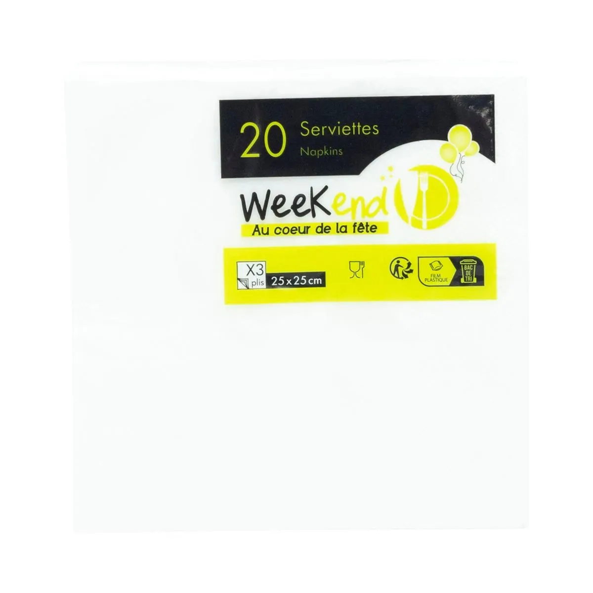 Paquet de 20 Serviettes Unies 3 Plis - 33 x 33 cm