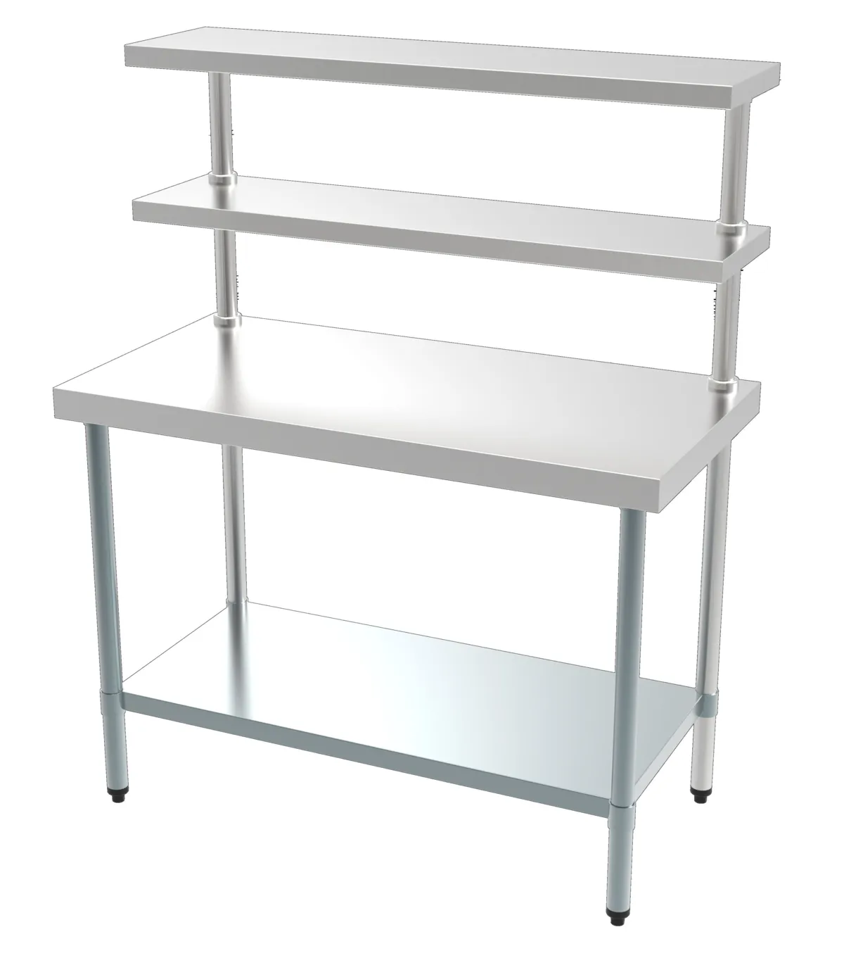 Table Inox avec Étagère Inférieure et 2 Étagères Supérieures – 1800 x 600 mm
