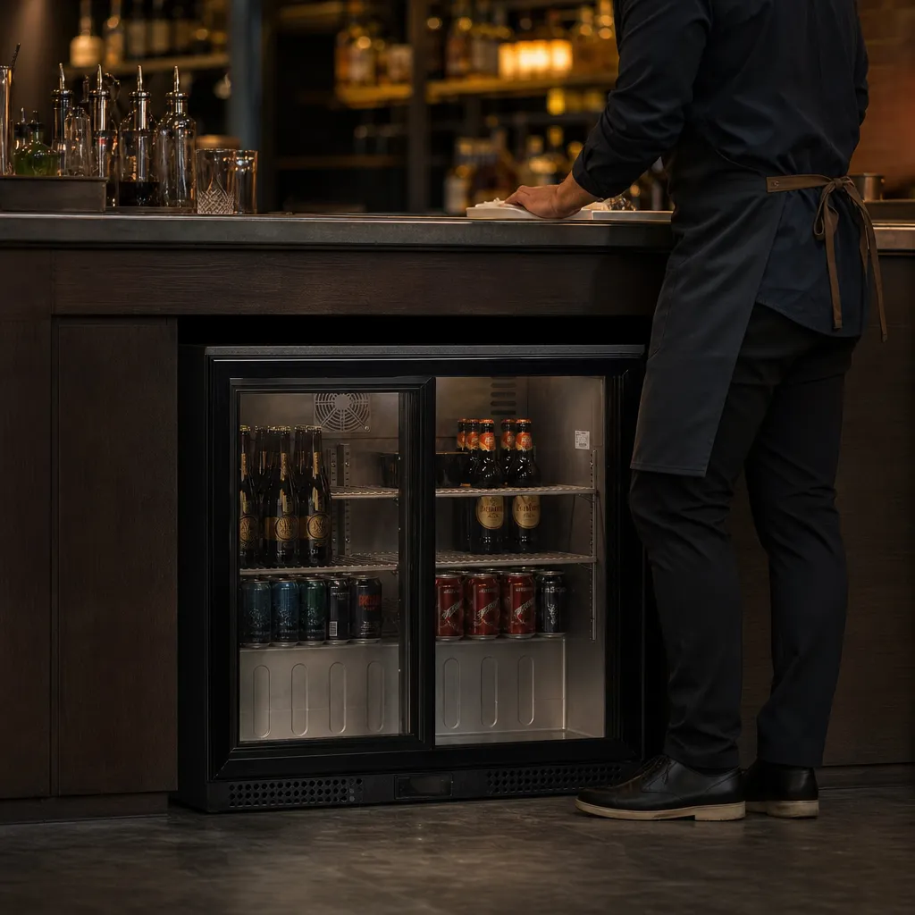 Arrière de Bar Réfrigéré 220 L, 2 Portes Vitrées Coulissantes, Froid Ventilé +2/+10°C, 180 Bouteilles