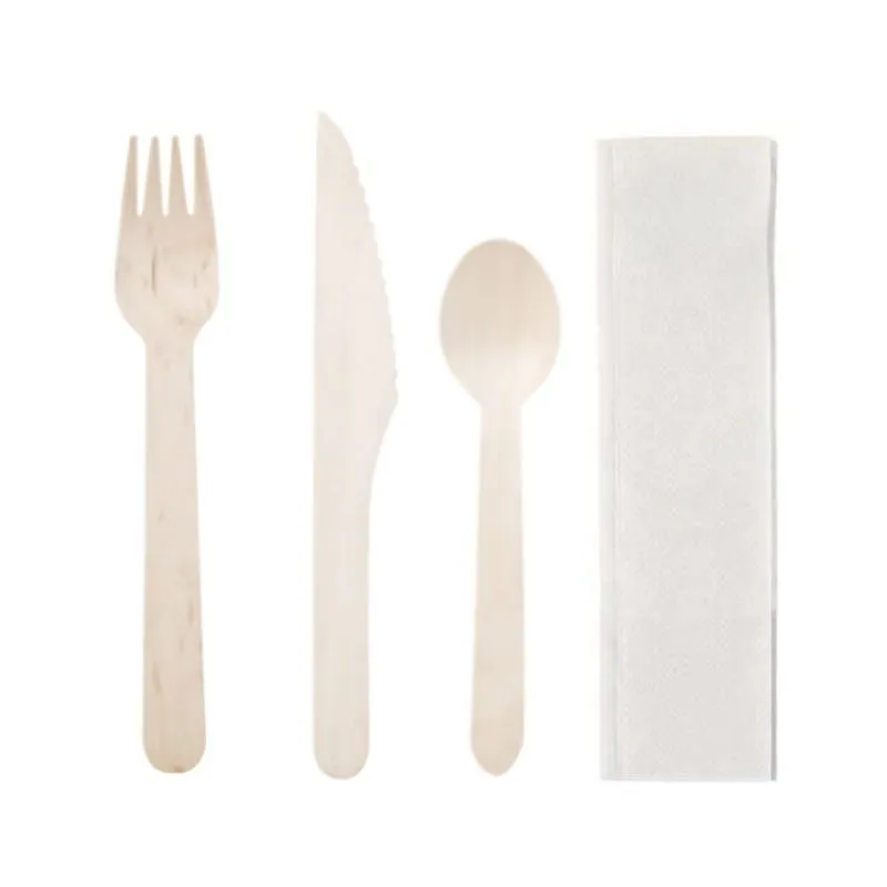 Couverts en Bouleau - Kit 4 Pièces : Couteau, Fourchette, Cuillère, Serviette - Lot de 250