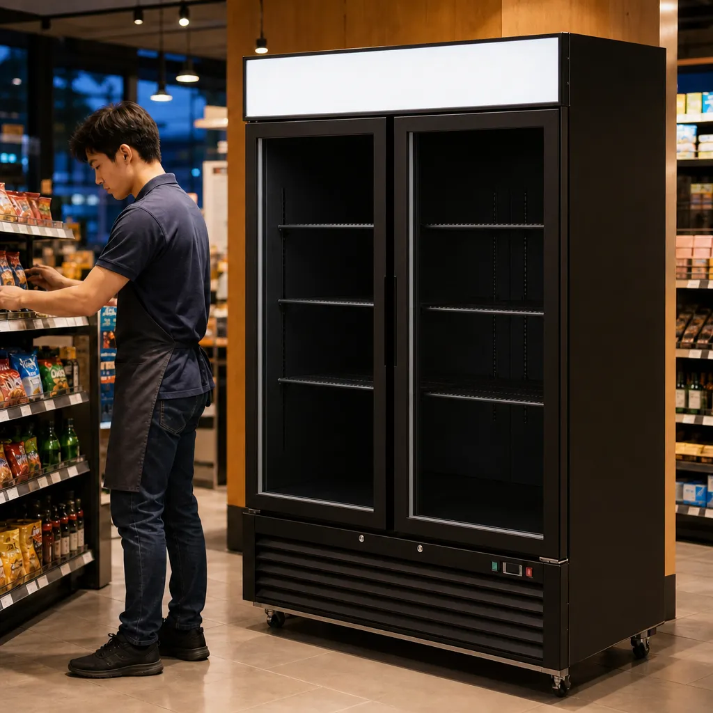 Armoire Vitrée Positive 1270 L Noire 0/+8 °C, 2 Portes, Froid Ventilé, LED, Bandeau Lumineux