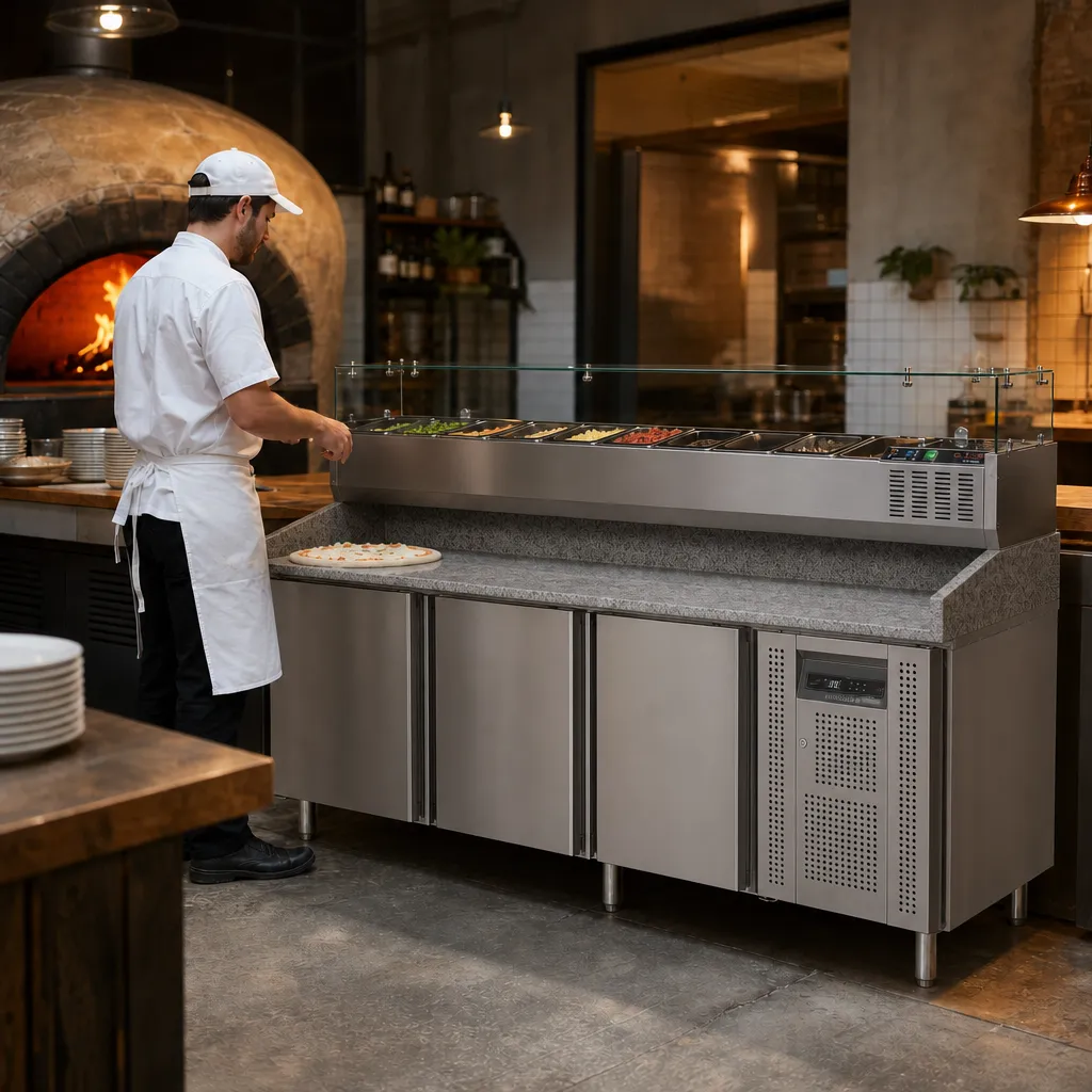 Table à Pizza Réfrigérée 580 L 3 Portes, Saladette 9 x GN1/3, Plan Granit, +2/+10 °C, Froid Ventilé