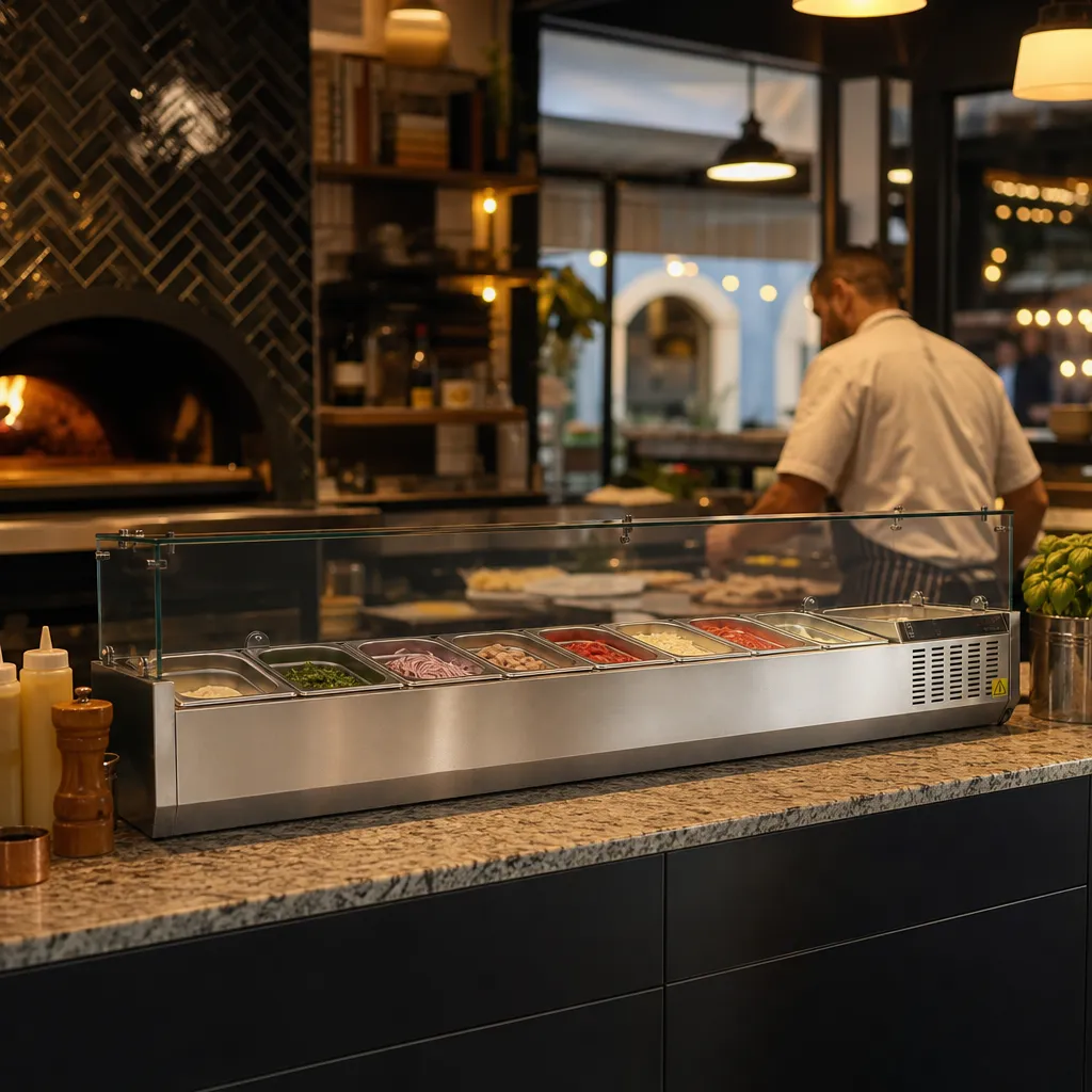 Saladette à Poser Réfrigérée 8 x GN1/4, +2/+8 °C, Vitrine en Verre, Froid Statique 122 W, Inox