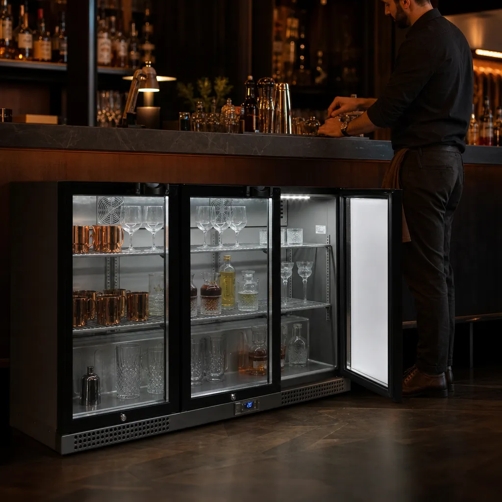 Arrière-Bar Réfrigéré 338 L 315 Bouteilles 3 Portes Vitrées Battantes, Froid Ventilé +2/+10°C, LED