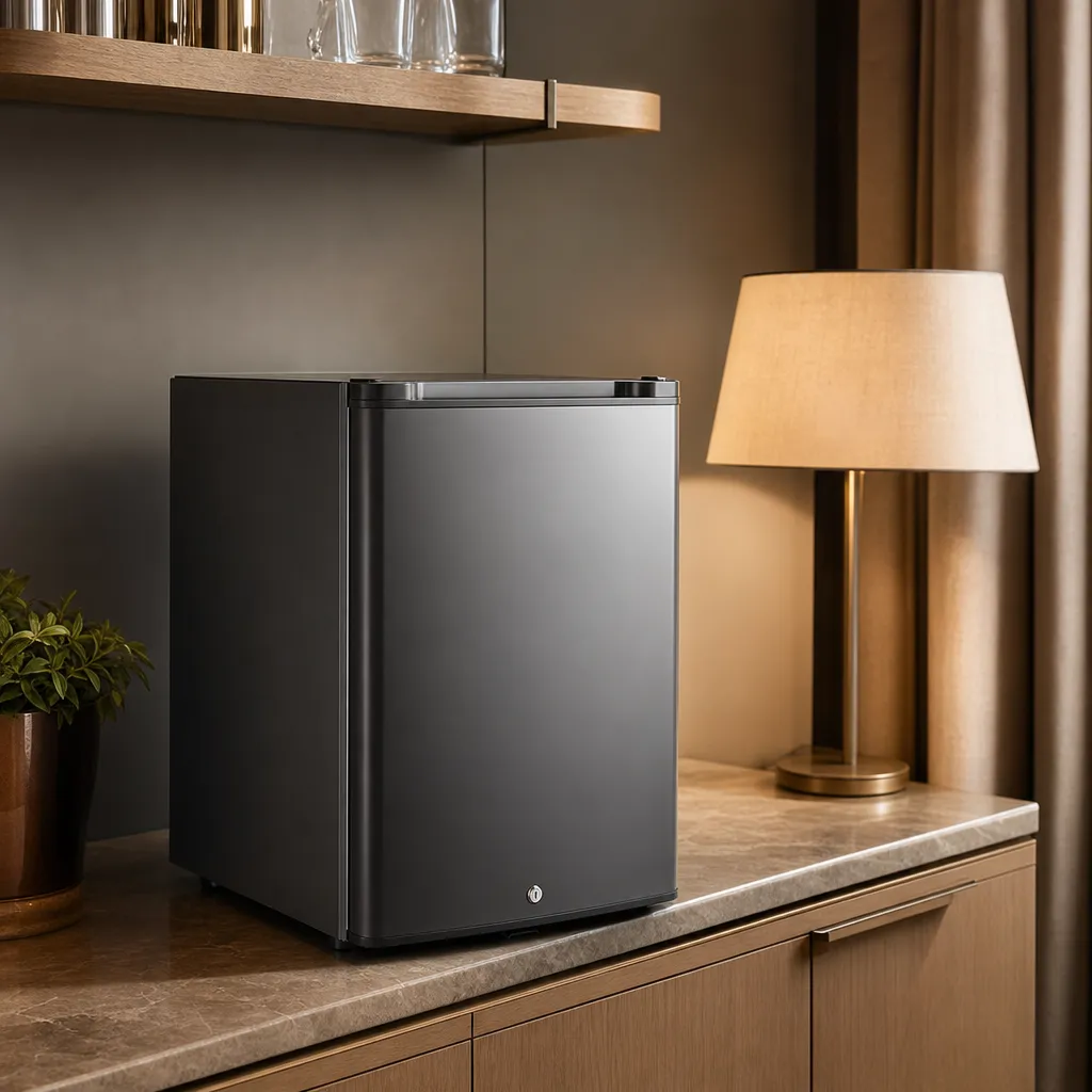 Réfrigérateur Minibar 44 L 0/+10°C Absorption Silencieuse, Porte Pleine Noire, Serrure, LED