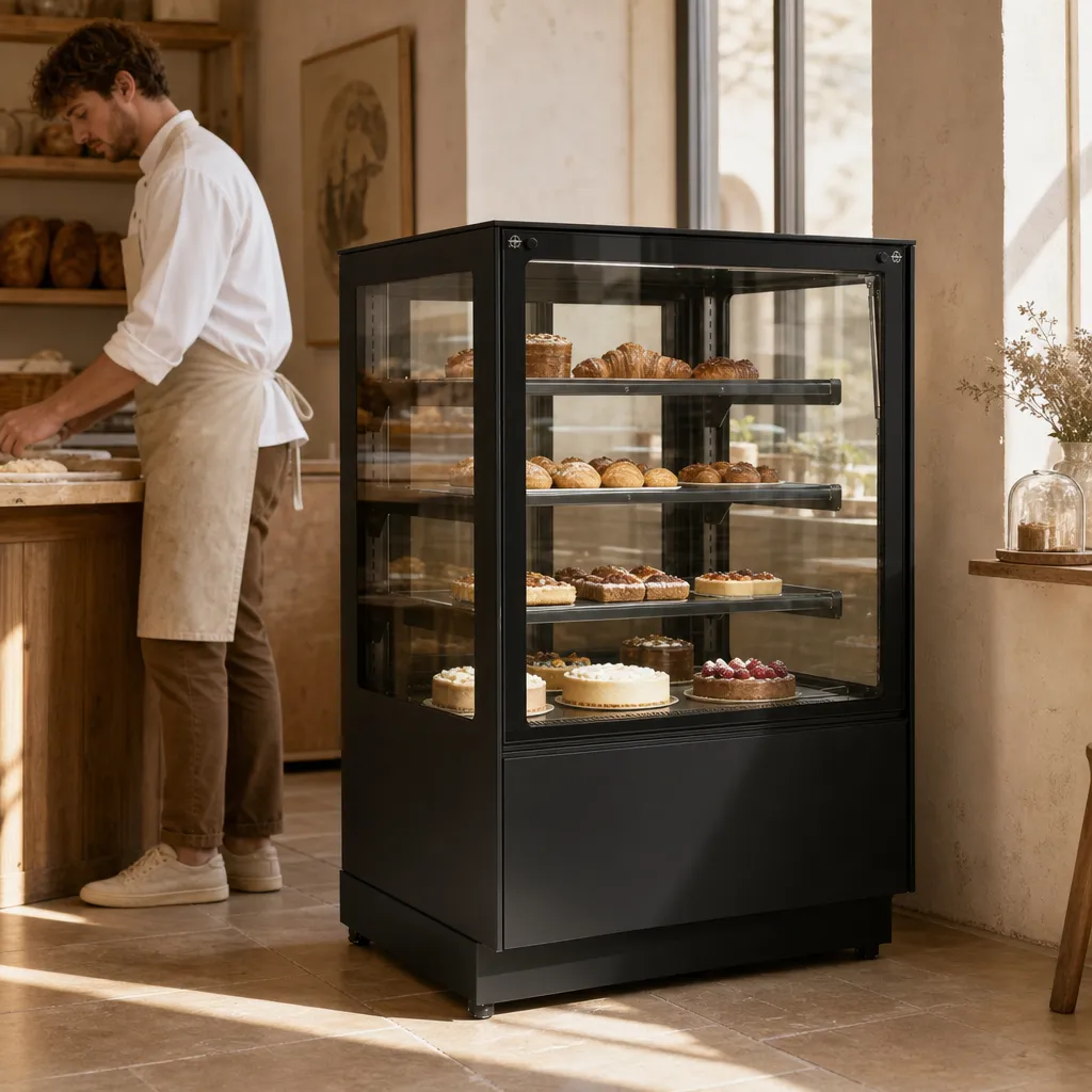Vitrine Réfrigérée Pâtisserie 390 L -1/+5°C, 3 Tablettes Verre, LED, Portes Coulissantes