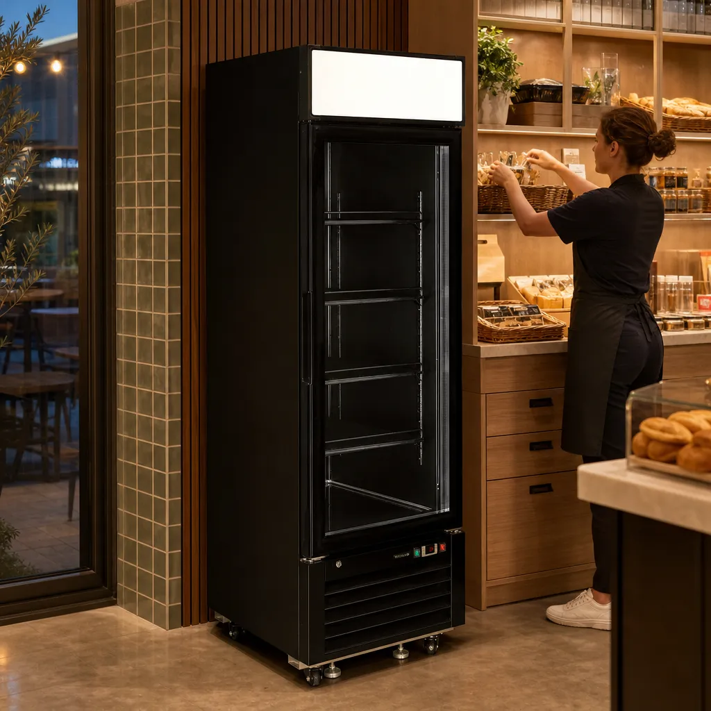 Vitrine Réfrigérée Noire 496 L 1 Porte Vitrée +1/+8°C 280 W, Froid Ventilé, LED, Canopée Lumineux