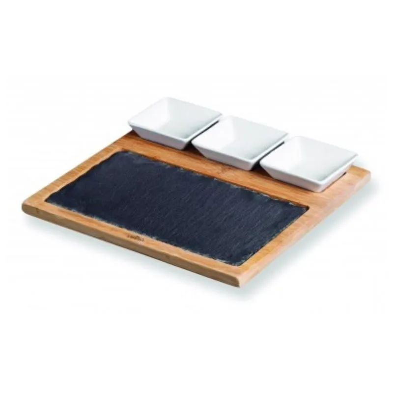 Plateau De Table En Ardoise Et Bambou Avec 3 Pots À Sauce