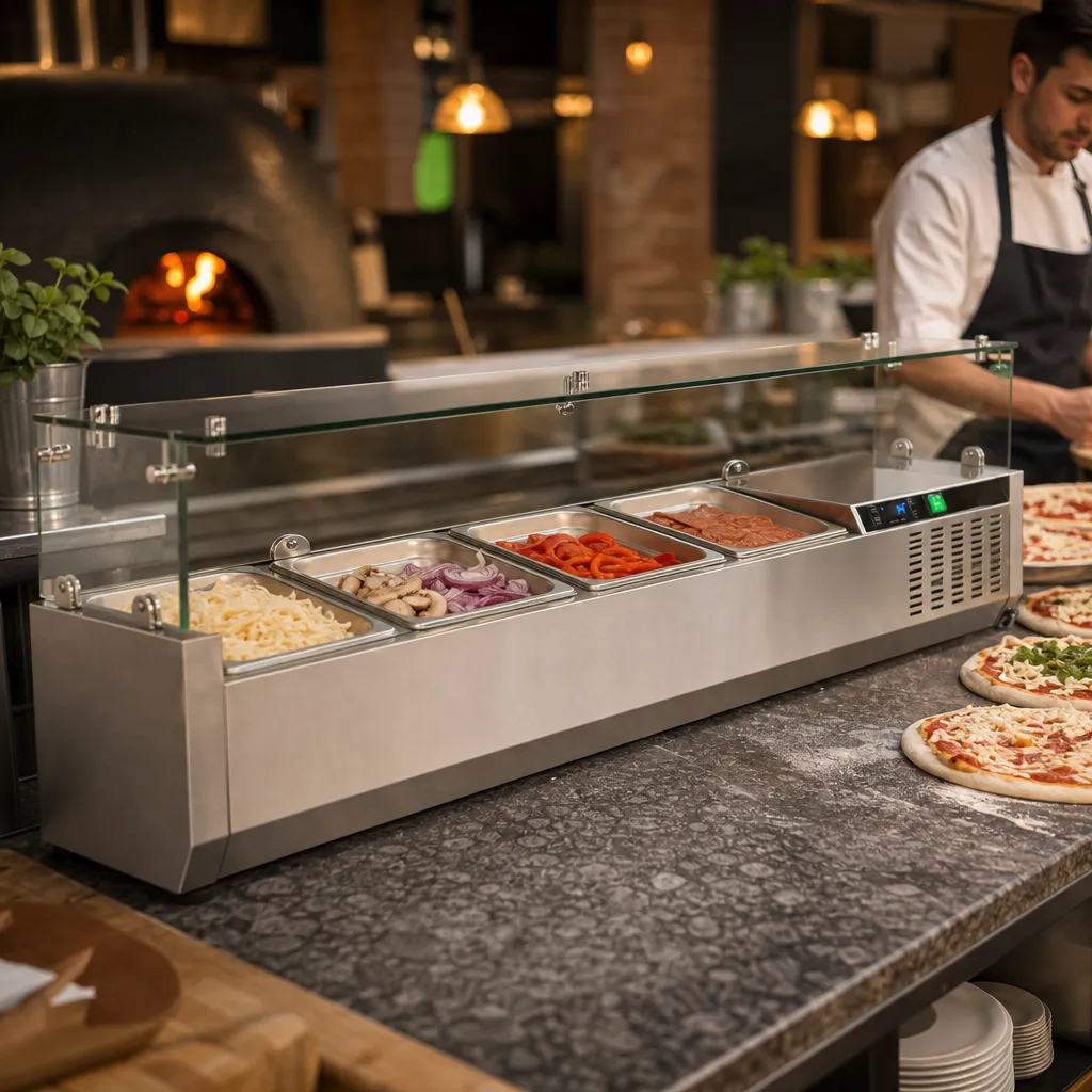 Saladette à Poser Réfrigérée 4 x GN1/4 +2/+8°C 110 W Vitrine Verre Inox, Pizzeria Sandwicherie