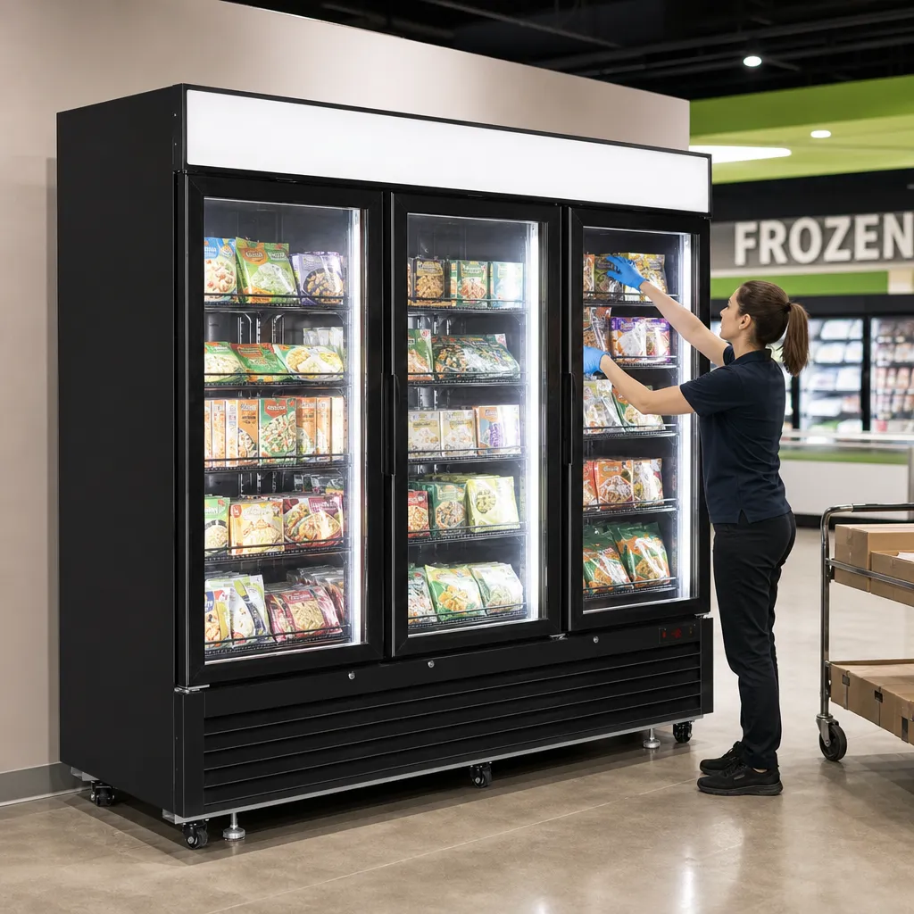 Vitrine Réfrigérée Négative 2050 L 3 Portes Vitrées -25/-14°C Froid Ventilé Canopée LED Noire