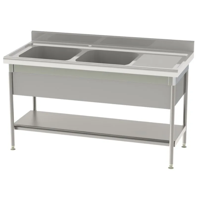 Plonge Standard 2 Bacs et Egouttoir à Droite avec Etagère Pleine et Cache-Cuve - P 700 - L 1800 mm