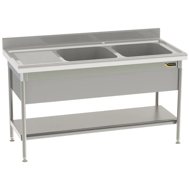 Plonge Standard 2 Bacs et Egouttoir à Gauche avec Etagère Pleine et Cache-Cuve - P 700 - L 1800 mm