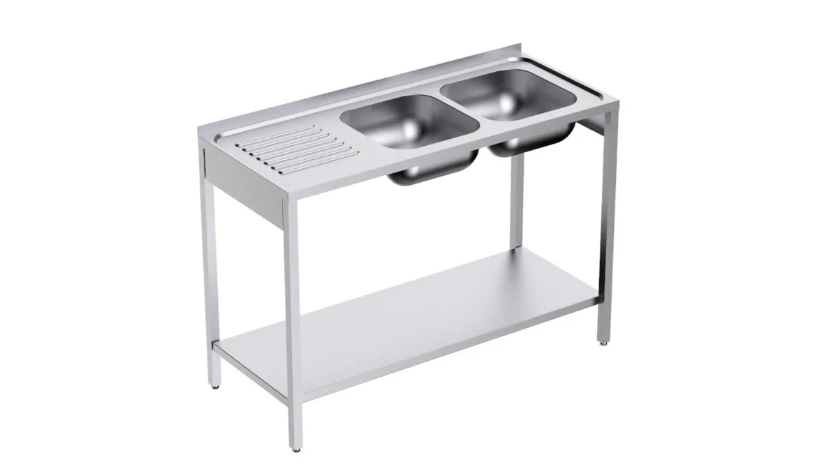 Plonge 2 Bacs avec Etagère et Egouttoir à Gauche - L 1200 x P 500 mm