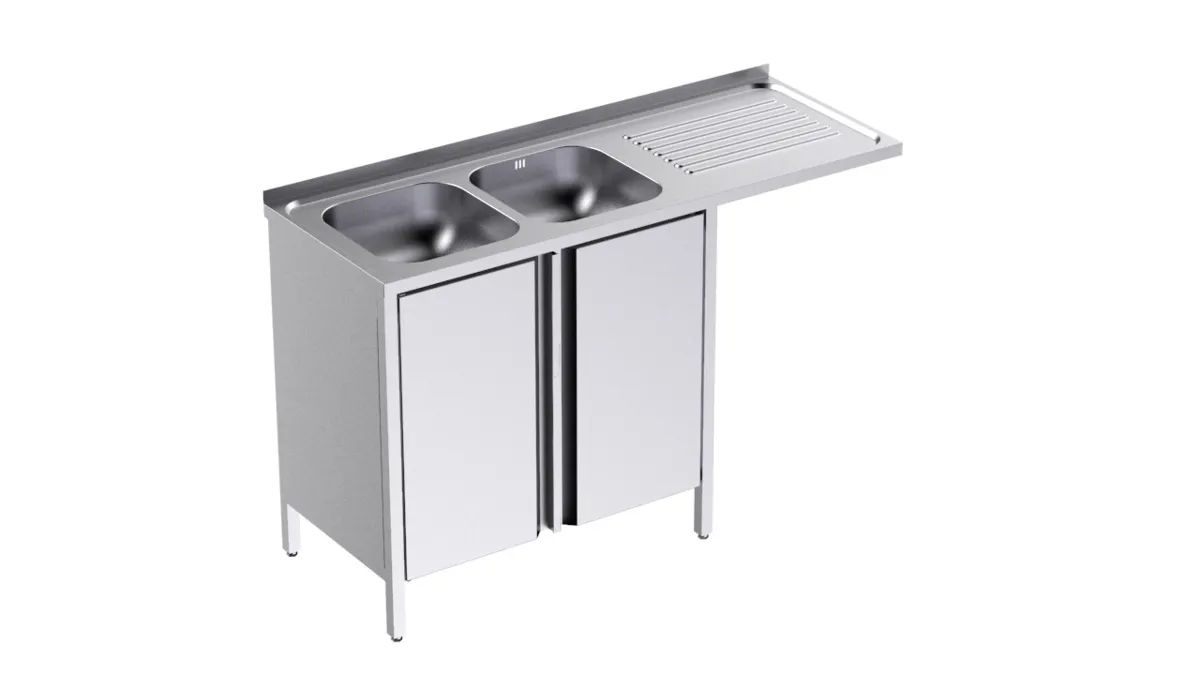 Plonge 2 Bacs avec Portes et Passage pour Lave-Vaisselle à Droite - L 1350 x P 500 mm