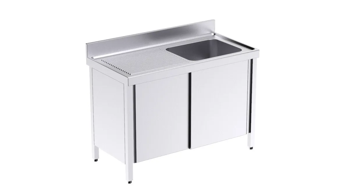 Plonge 1 Bac avec Portes Coulissantes et Egouttoir à Gauche - L 1200 x P 550 mm