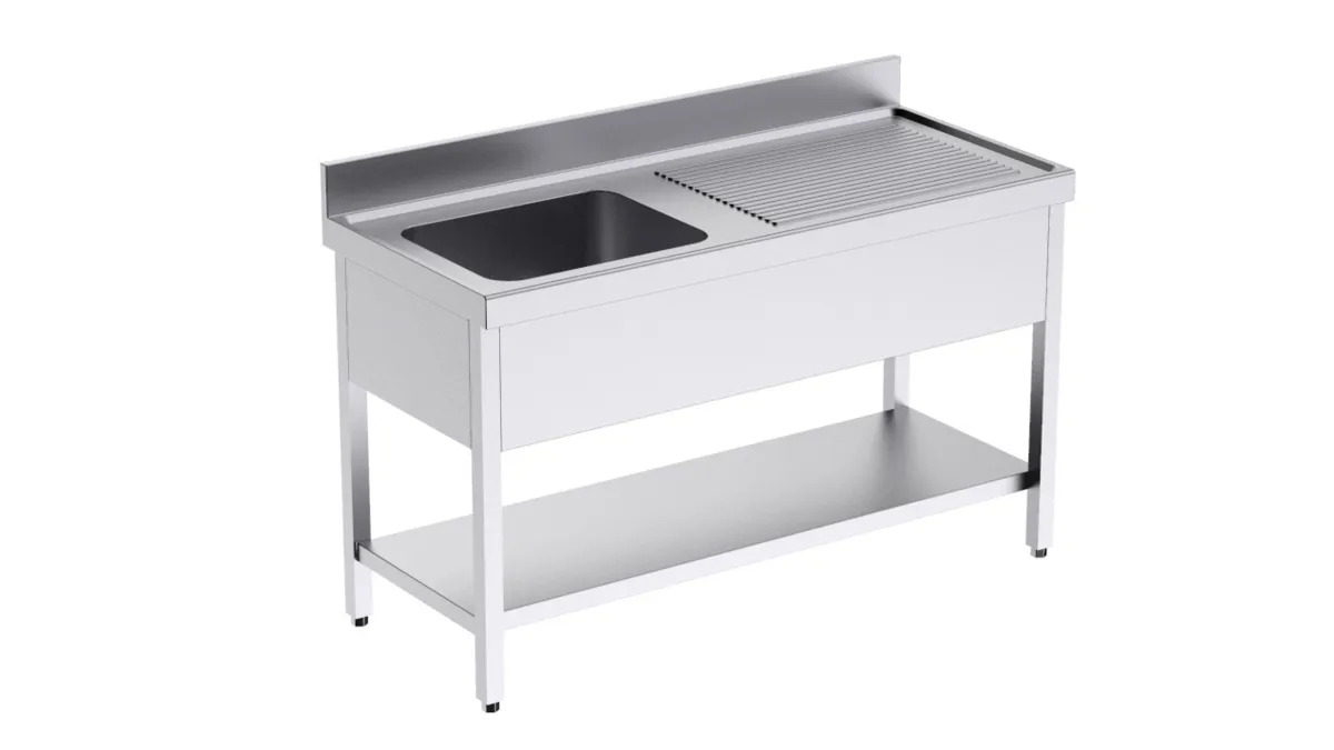 Plonge 1 Bac avec Etagère et 2 Egouttoirs à Droite - L 1400 x P 600 mm