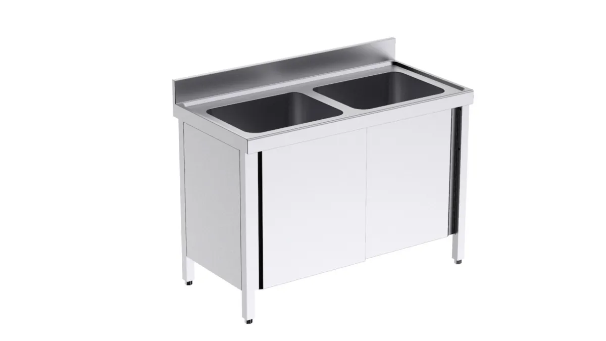 Plonge 2 Bacs avec Portes Coulissantes - L 1000 x P 600 mm