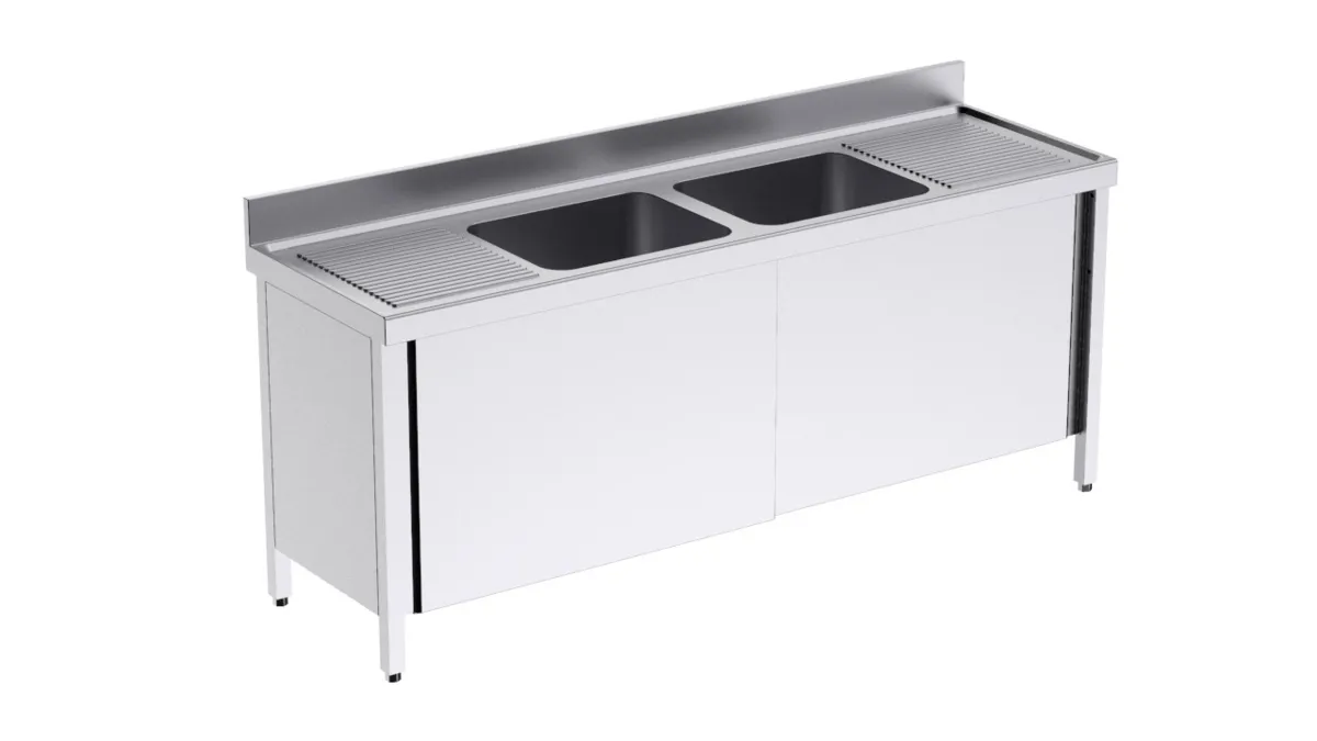Plonge 2 Bacs avec Portes Coulissantes et Egouttoirs à Droite et à Gauche - L 2000 x P 600 mm
