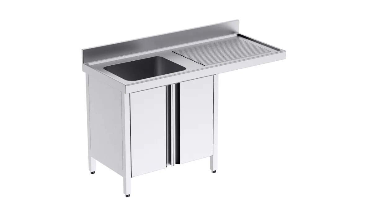 Plonge 1 Bac avec Portes Battantes et Passage pour Lave-Vaisselle à Droite - L 1400 x P 600 mm