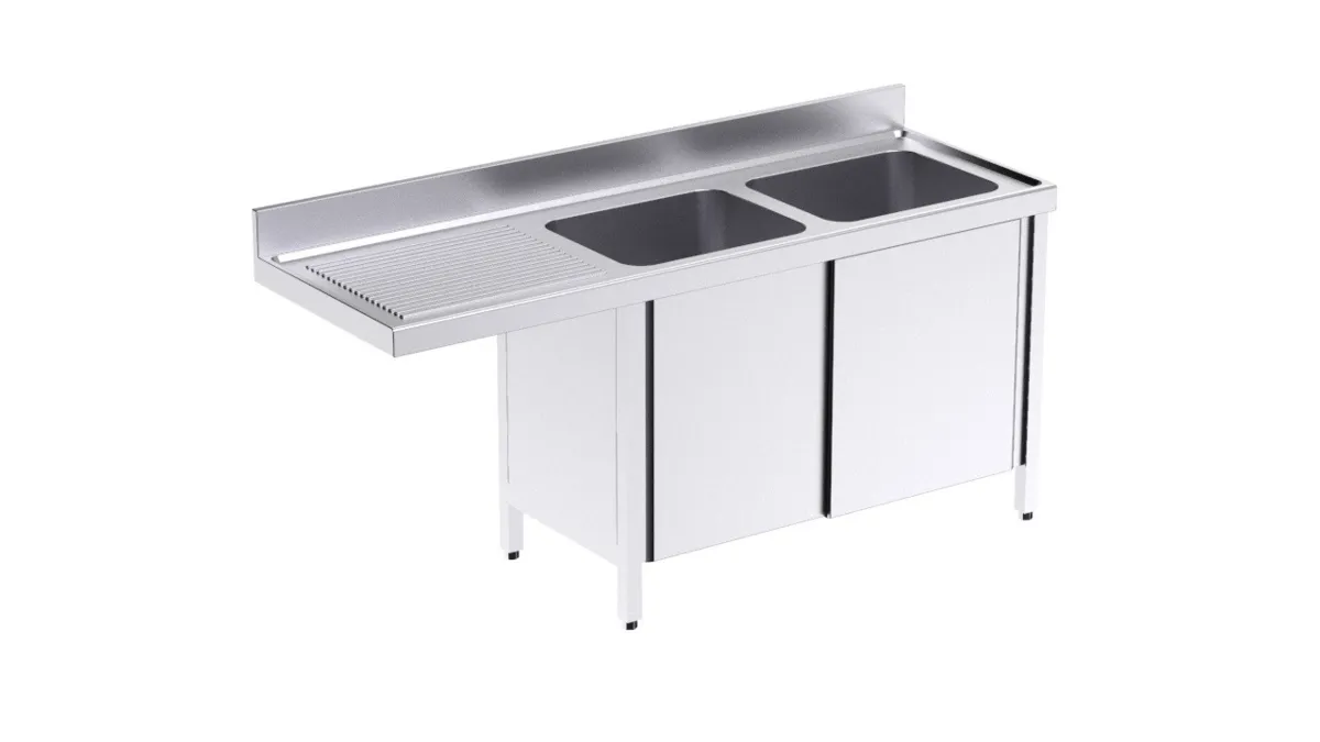 Plonge 2 Bacs avec Porte Coulissante et Passage pour Lave-Vaisselle à Gauche - L 1800 x P 600 mm