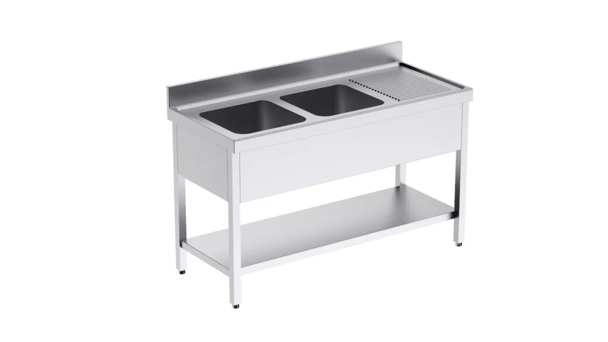 Plonge 2 Bacs avec Etagère et Egouttoir à Droite - L 1600 x P 700 mm