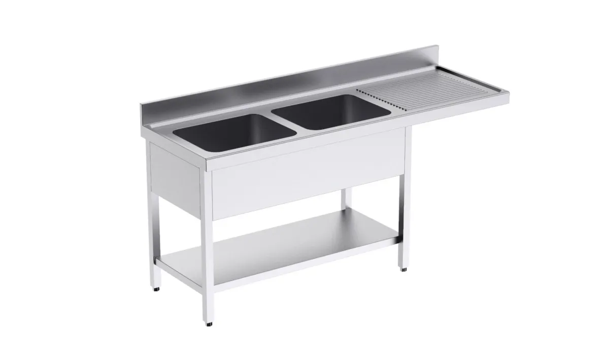 Plonge 2 Bacs avec Etagère et Passage pour Lave-Vaisselle à Droite - L 1800 x P 700 mm