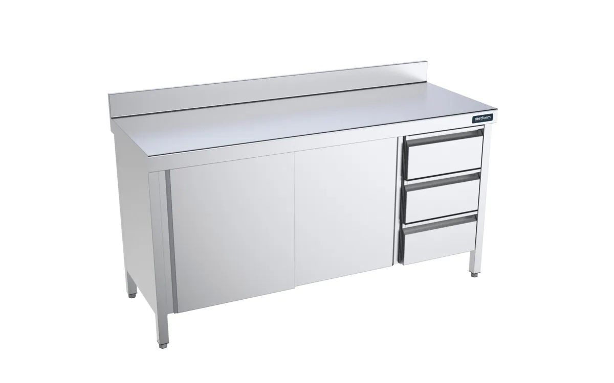 Meuble Inox Bas avec Portes Coulissantes, Dosseret et Tiroirs à Droite - L 1800 x 600 mm
