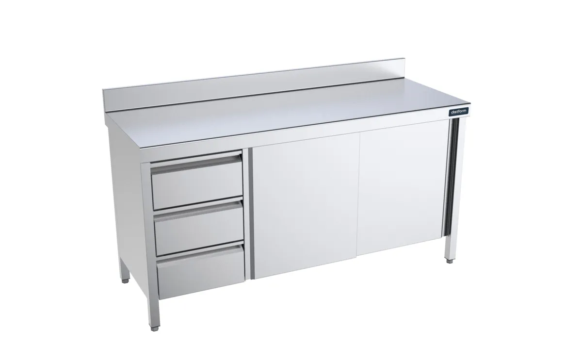 Meuble Inox Bas avec Portes Coulissantes, Dosseret et Tiroirs à Gauche - L 1600 x 700 mm