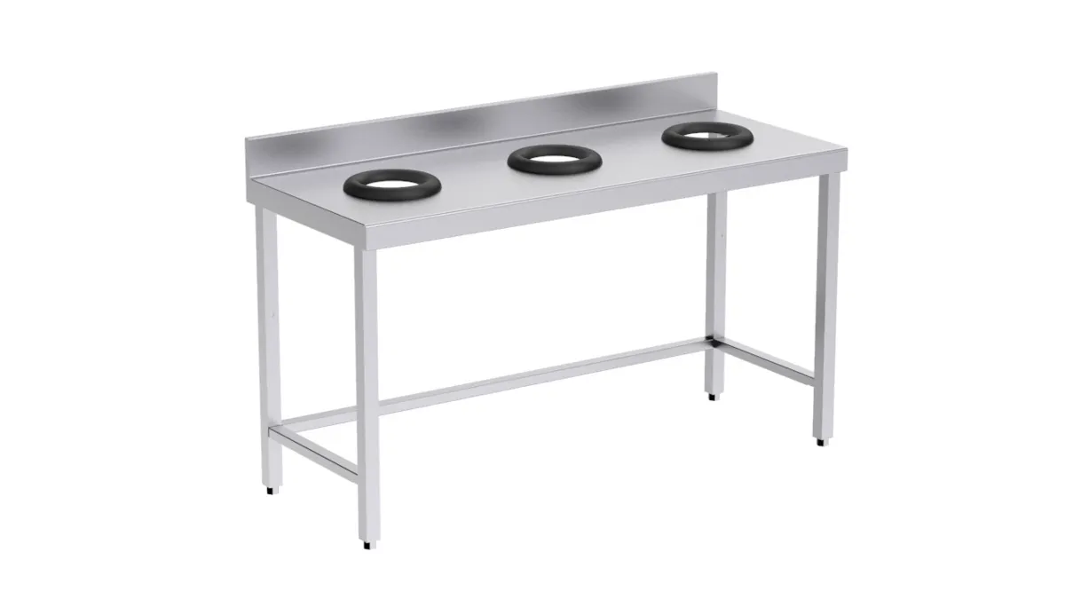 Table de Tri Ouverte avec 3 Trous Vide-Déchets et Dosseret - L 1500 x P 600 mm