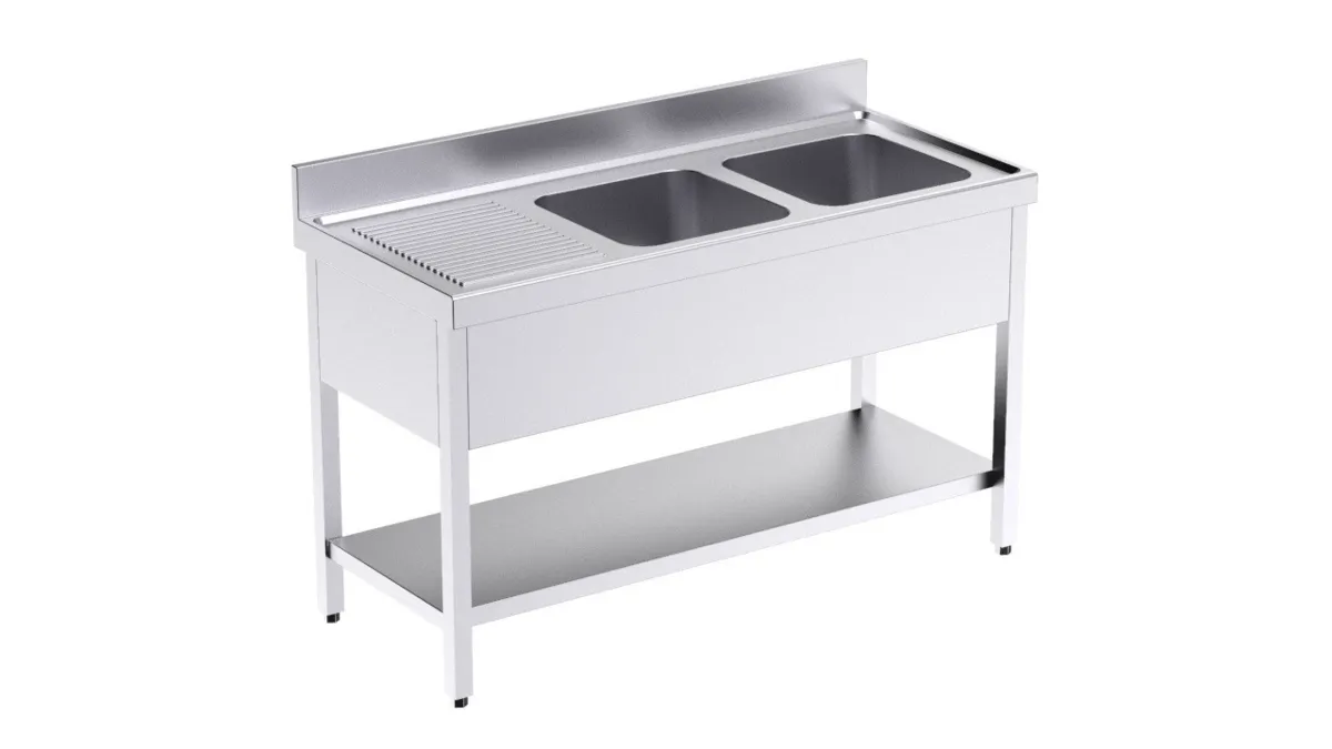 Plonge 2 Bacs avec Etagère et Egouttoir à Gauche - L 1400 x P 600 mm