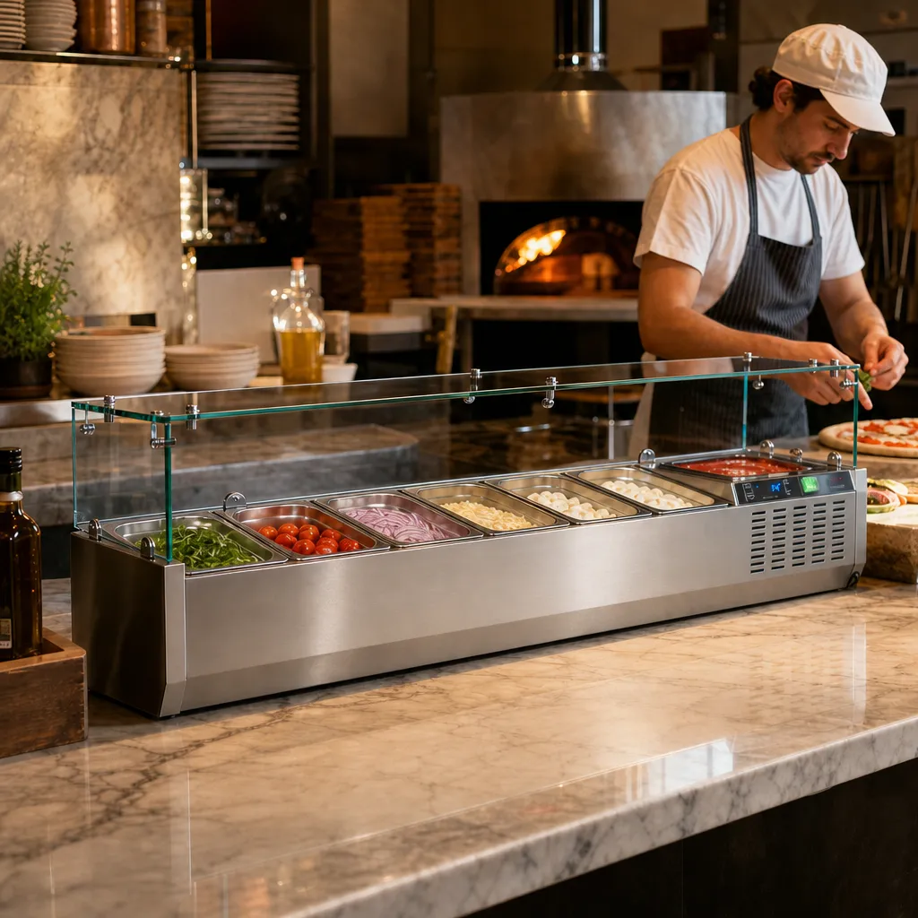 Saladette à Poser Réfrigérée 7 x GN1/4 +2/+8°C 150 cm, Vitrine Verre, Inox, Froid Statique 110 W