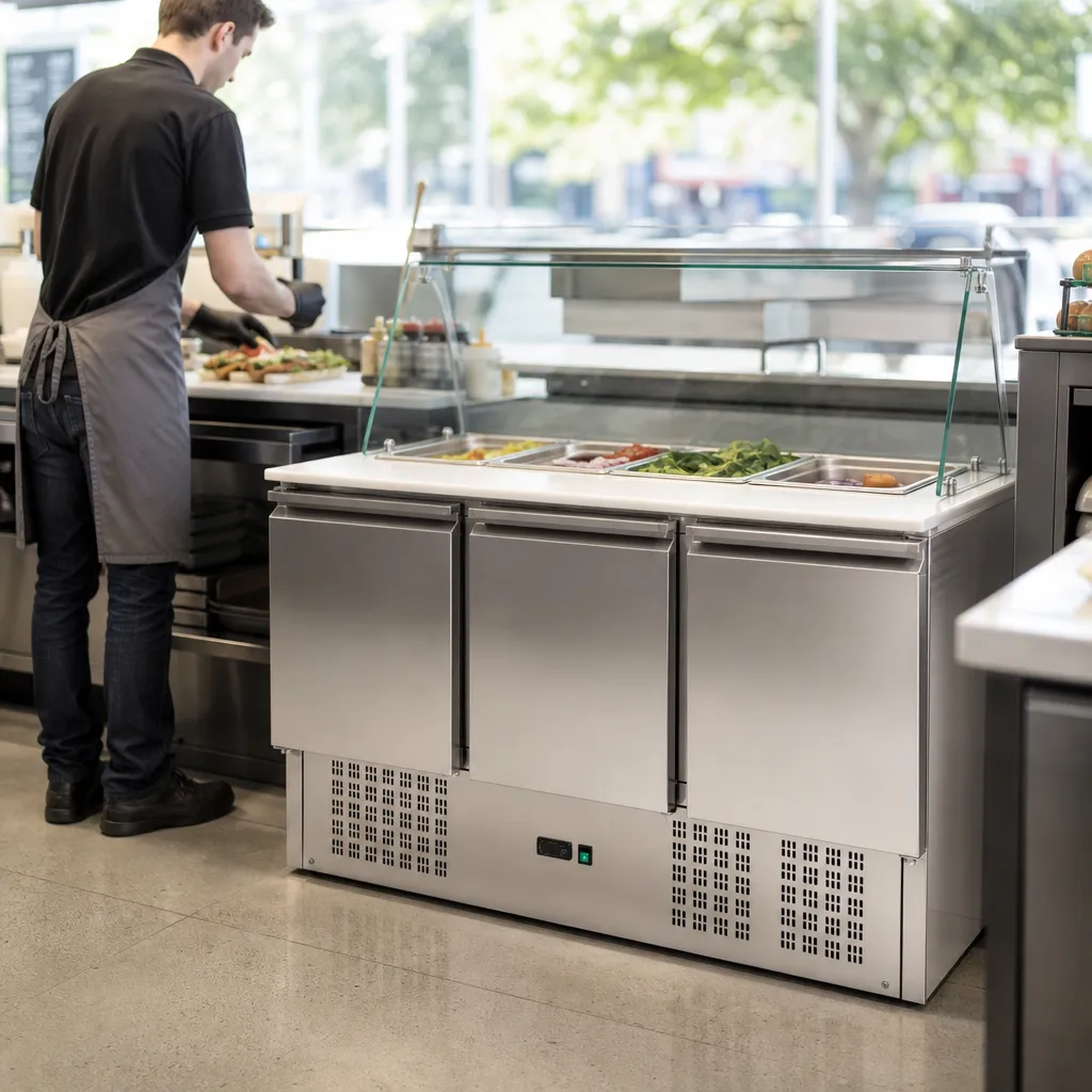 Saladette Réfrigérée 248 L 3 Portes, 4 Bacs GN 1/1, Vitrine Verre, +2/+10 °C, Froid Statique R290