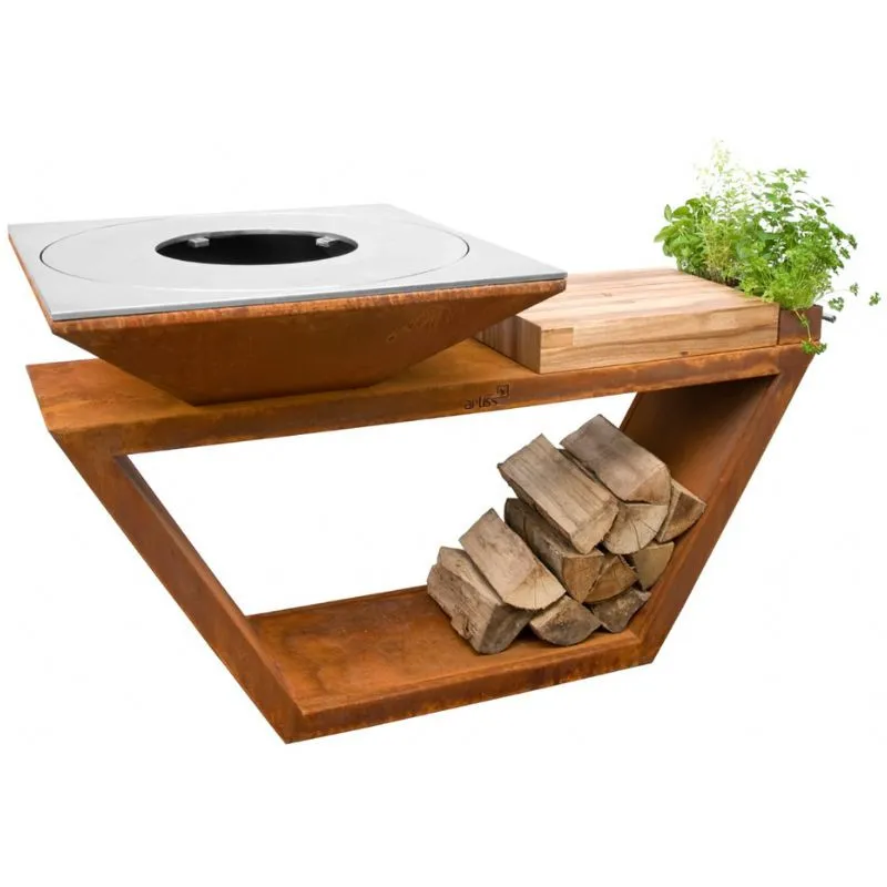 Brasero G4 Corten 90 cm avec Tablette en Bois - Acier Inoxydable