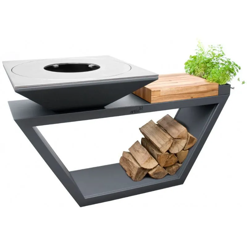 Brasero G4 Graphite 90 cm avec Tablette en Bois - Acier Inoxydable