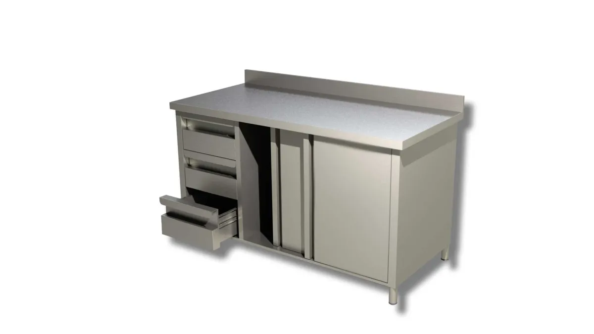 Meuble Inox avec Dosseret, 3 Tiroirs à Gauche et Portes Coulissantes - L 1800 x 600 mm