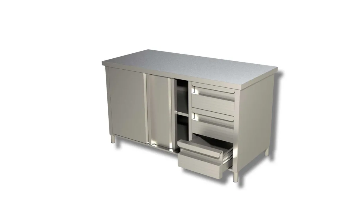 Meuble Inox 3 Tiroirs à Droite et Portes Coulissantes - L 1800 x 700 mm