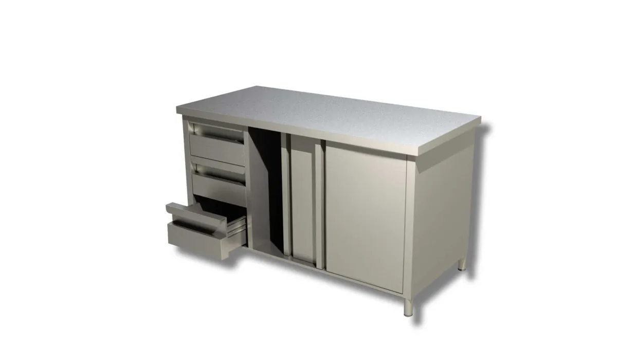 Meuble Inox 3 Tiroirs à Gauche et Portes Coulissantes - L 1500 x 700 mm