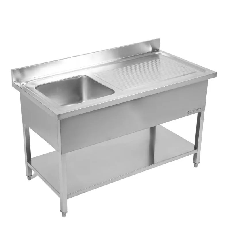 Plonge Inox 1 Bac avec Égouttoir à Droite, Dosseret et Étagère Basse, L 1000 x P 600 x H 950 mm