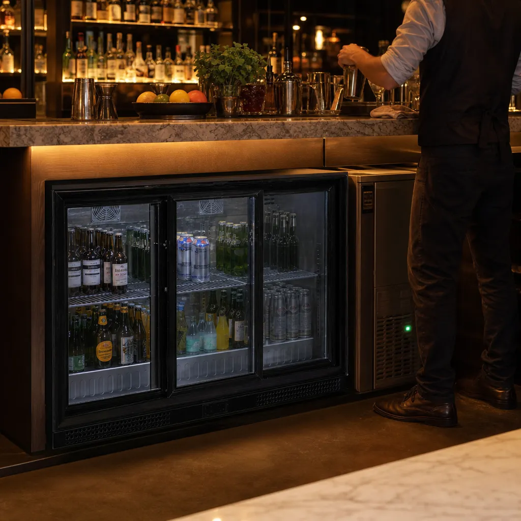 Arrière-Bar Réfrigéré 339 L 315 Bouteilles, 3 Portes Vitrées Coulissantes, Froid Ventilé +2/+10°C, 205 W