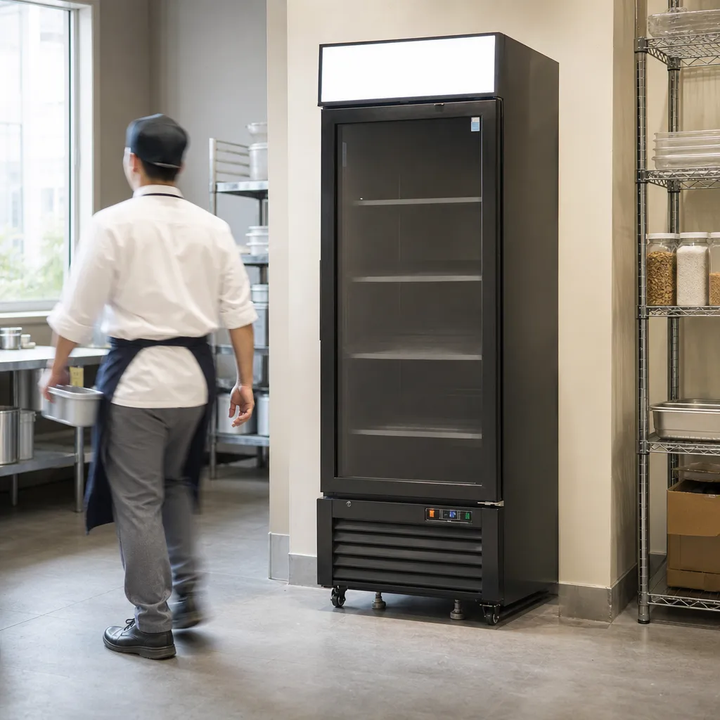 Armoire Vitrée Positive 610 L 0/+8°C Froid Ventilé, 1 Porte Battante, LED, Noir Laqué