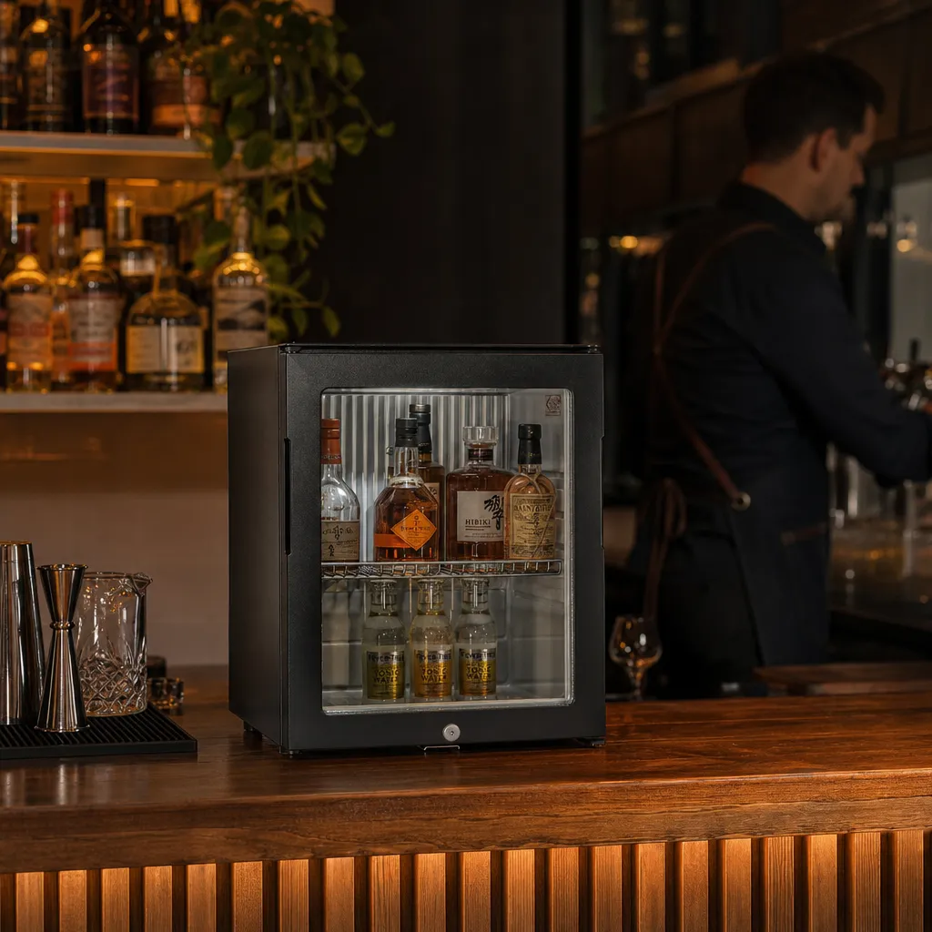 Minibar Arrière de Bar 28 L Porte Vitrée Froid +5/+14 °C Silencieux LED Verrou