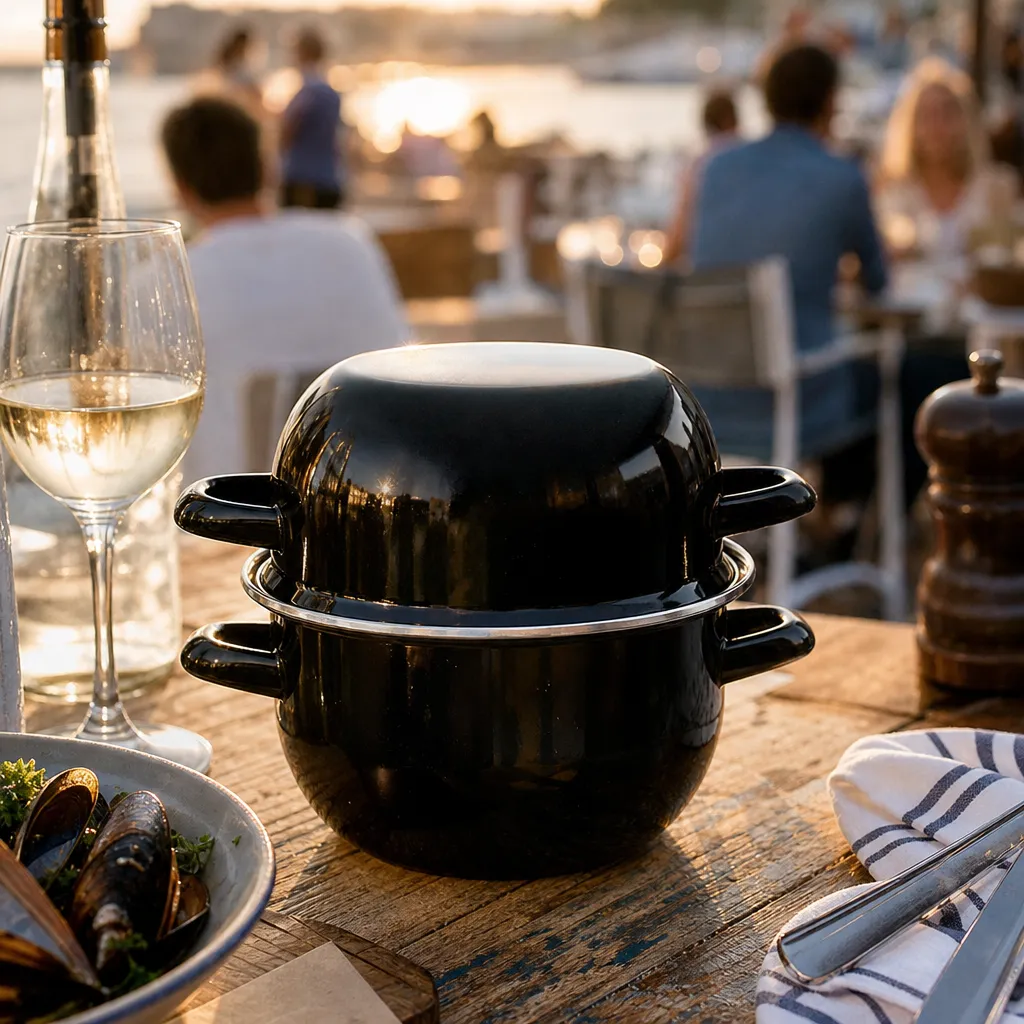 Cocotte à Moules 2,5 L Ø 200 mm Acier Émaillé Noir, Couvercle Récupérateur de Coquilles, Service à Table