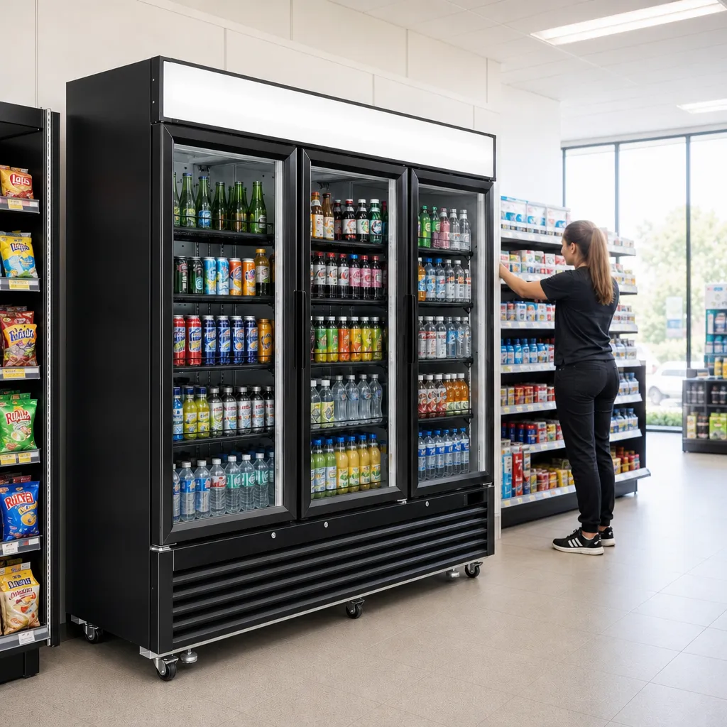 Vitrine Réfrigérée Noire 3 Portes Vitrées 2050 L +1/+8°C 650 W, Froid Ventilé, LED, Dégivrage Auto