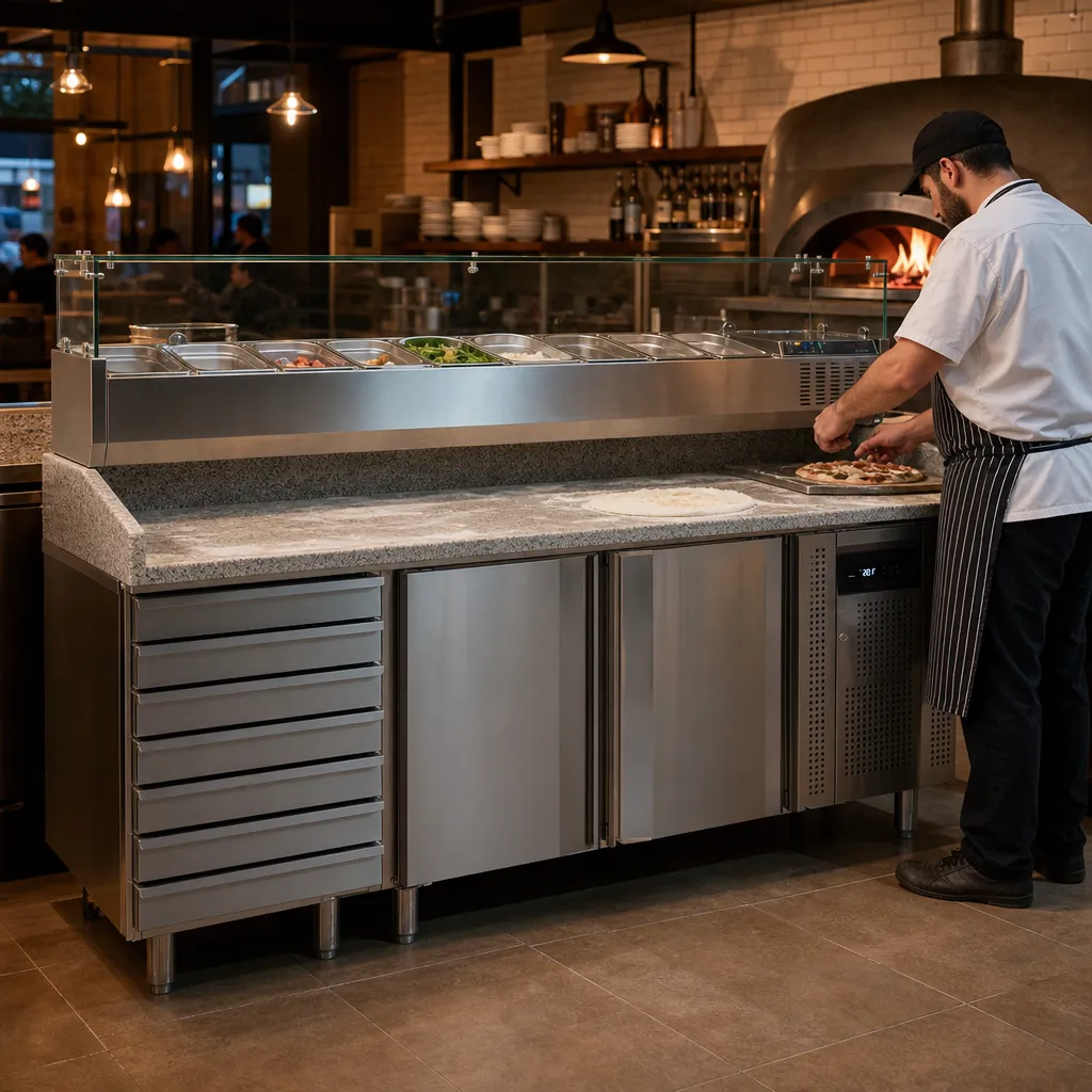 Table à Pizza Réfrigérée 390 L 2 Portes 7 Tiroirs, Saladette 9 x GN1/3, Plan Granit, +2/+10 °C
