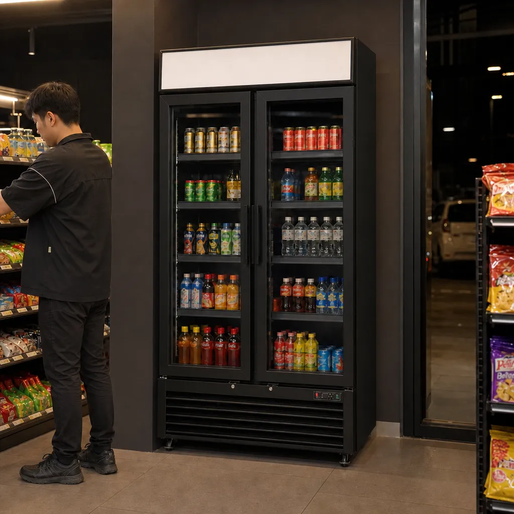 Armoire Vitrée Positive 1300 L 2 Portes Battantes Noir, Froid Ventilé 0/+8°C, LED, Bandeau Lumineux