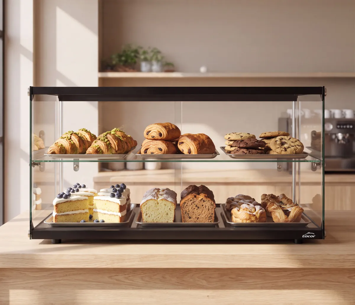 Vitrine Neutre Noire à Poser 90 L, 2 Niveaux, Étagère Verre Trempé, Portes Coulissantes, Socle Inox